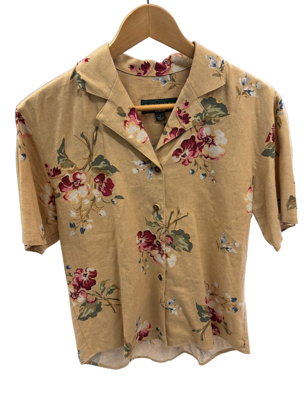 Vintage Bushwacker USA Linen Rayon Floral Camp Collar Blouse Button Up Small